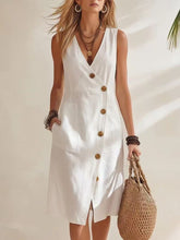 Load image into Gallery viewer, Women's Resort V-Neck Sleeveless Asymmetrical-Button Midi Dress
