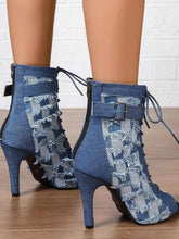 Load image into Gallery viewer, Distressed Denim Lace-Up Peep Toe Ankle Boots
