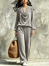 Load image into Gallery viewer, Women's Gold Velvet Cowl Neck Drop-Shoulder Top &amp; Wide-Leg Pants Set – 8 Colors
