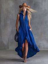 Load image into Gallery viewer, Lapel Collar Zip-Front Ruffle Hem Boho Dress
