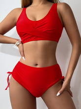 Load image into Gallery viewer, Bikini Twist Front V Neck High Waist 2 Piece Bikini Set for Women – Stretchy Tie Back Swimsuit with Drawstring Lace Up and Comfortable Fit – Trendy Solid Color Swimwear for Beach Days Pool Parties and Summer Vacations
