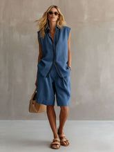 Load image into Gallery viewer, Women's Linen Shirt and Shorts Set – Sleeveless Summer Two-Piece
