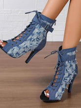 Load image into Gallery viewer, Distressed Denim Lace-Up Peep Toe Ankle Boots
