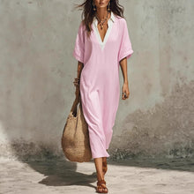 Load image into Gallery viewer, Women's V-Neck Loose Cropped-Sleeve Linen Midi Dress with Pockets
