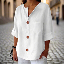 Load image into Gallery viewer, Women’s Loose V Neck T Shirt – Cotton Linen Button Top
