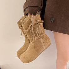 Load image into Gallery viewer, Suede Fringe Round Toe Boots with Block Heel
