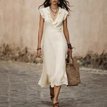 Load image into Gallery viewer, Women's V-Neck Cotton-Linen Flutter-Sleeve Ruffle-Trim Midi Dress
