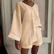 Load image into Gallery viewer, Women's Cotton Linen Shirt &amp; Shorts Set – Long Sleeve, Button, Casual 2-Piece

