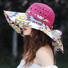 Load image into Gallery viewer, Women's Patterned Straw Beach Sun Hat – Round Crown UV Protection Summer Hat
