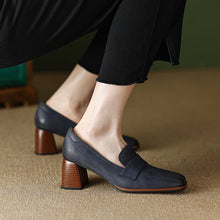 Load image into Gallery viewer, Women's Sheepskin Square Toe Chunky Heel Pumps – Retro High Heel Dress Shoes
