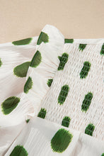 Load image into Gallery viewer, Black Polka Dot Print Smocked Notched Neck Balloon Sleeve Blouse
