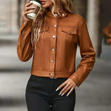 Load image into Gallery viewer, Faux Suede Cropped Jacket with Stand Collar — Vintage Short Coat / Fall Outwear
