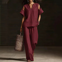 Load image into Gallery viewer, V-Neck Short Sleeve Top &amp; Straight-Leg Pants Set – Ripped Detail, Pockets, Solid Color
