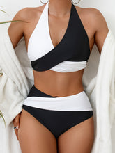 Load image into Gallery viewer, Bikini Black and White Contrast Color Criss Cross Neck 2 Piece Swimsuit for Women – Stylish Medium Stretch Two-Tone Bikini Set with Unique Neckline and Flattering Fit – Modern Swimwear for Beach Days, Pool Lounging, and Summer Escapes
