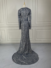 Load image into Gallery viewer, Grey Long Sleeve Sequin Evening Dress
