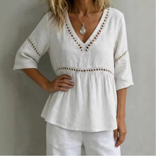 Load image into Gallery viewer, Women's V-Neck Hollow-Out Fringe Cotton-Linen Top
