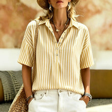 Load image into Gallery viewer, Women's Striped Short-Sleeve Shirt with Turn-Down Collar
