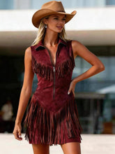 Load image into Gallery viewer, Women's Suede Western Tassel Sleeveless Slim-Fit Midi Dress
