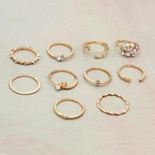 Load image into Gallery viewer, Mandotos Bohemian Star Moon Pearl Leaf 10-Piece Ring Set With Gold Finish And Stackable Designs
