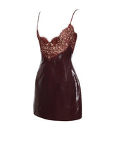 Load image into Gallery viewer, Shelby Dark Brown Vegan Leather with Lace Mini Dress
