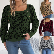 Load image into Gallery viewer, Casual Square Collar Button Contrast Color Leopard Print Long Sleeve Sweater
