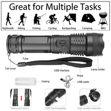 Load image into Gallery viewer, Adjustable Rechargeable Powerful Zoomable LED USB Flashlights High Lumens Powerful Tactical  Waterproof Super Bright  Flashlights Best For Camping Outdoor Hiking Running Riding
