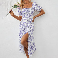 Load image into Gallery viewer, Square Neck Floral Print Dress With Puff Sleeves &amp; Side Slit Maxi Dress
