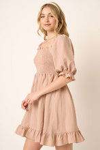 Load image into Gallery viewer, Smocked Ruffled Hem Half Sleeve Mini Dress, Cute, Elegant, Charming and Comfortable Mini Dress with Smocked Bodice and Whimsical Ruffled Hem
