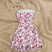 Load image into Gallery viewer, Boho Floral Spaghetti Strap Mini Dress – Ruched Ruffle Hem Vacation Sundress
