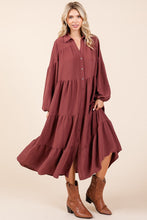 Load image into Gallery viewer, Tiered Button Down Long Sleeve Midi Dress For Women – Button Down Midi Dress, Long Sleeve Tiered Dress, Feminine Midi Dress, Button Front Dress, Elegant Long Sleeve Dress
