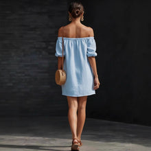 Load image into Gallery viewer, Women's Cotton-Linen Off-Shoulder Puff-Sleeve Loose Mini Dress
