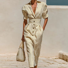 Load image into Gallery viewer, Women's Striped Lace-Up Shirt Dress – High Waist Slim Fit Midi
