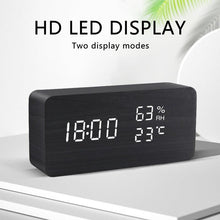 Load image into Gallery viewer, Alarm Clock LED Wooden Watch Digital Alarm Clock with Wooden Electronic LED Time Display 3 Alarm Settings Humidity &amp; Temperature Detect Wood Made Electric Clocks Table Voice Control Digital Wood USB/AAA Powered Electronic Desktop Clocks
