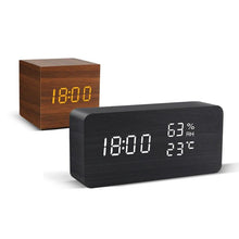 Load image into Gallery viewer, Alarm Clock LED Wooden Watch Digital Alarm Clock with Wooden Electronic LED Time Display 3 Alarm Settings Humidity &amp; Temperature Detect Wood Made Electric Clocks Table Voice Control Digital Wood USB/AAA Powered Electronic Desktop Clocks
