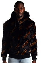 Load image into Gallery viewer, Jeff Black Reversible Faux Fur Bomber Jacket with Amillion typo pattern
