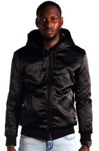Load image into Gallery viewer, Jeff Black Reversible Faux Fur Bomber Jacket with Amillion typo pattern
