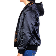Load image into Gallery viewer, Jeff Black Reversible Faux Fur Bomber Jacket with Amillion typo pattern
