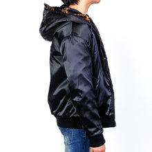 Load image into Gallery viewer, Jeff Black Reversible Faux Fur Bomber Jacket with Amillion typo pattern
