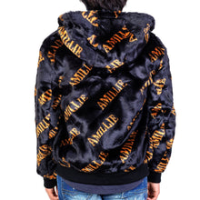 Load image into Gallery viewer, Jeff Black Reversible Faux Fur Bomber Jacket with Amillion typo pattern
