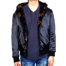Load image into Gallery viewer, Jeff Black Reversible Faux Fur Bomber Jacket with Amillion typo pattern
