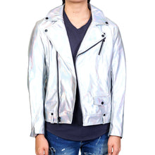 Load image into Gallery viewer, Hologram Graphic printed on back Metallic Faux leather Biker Jacket
