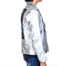 Load image into Gallery viewer, Hologram Graphic printed on back Metallic Faux leather Biker Jacket
