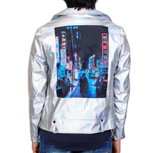 Load image into Gallery viewer, Hologram Graphic printed on back Metallic Faux leather Biker Jacket
