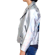Load image into Gallery viewer, Hologram Graphic printed on back Metallic Faux leather Biker Jacket
