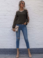Load image into Gallery viewer, Leopard Panel Waffle Knit V Neck Sweater
