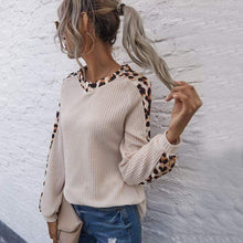 Load image into Gallery viewer, Leopard Panel Waffle Knit V Neck Sweater
