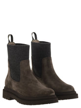 Load image into Gallery viewer, Brunello Cucinelli Women Suede Boot With Knitted Insert And Precious Loop Detail
