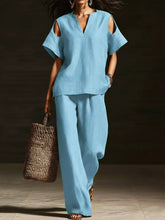 Load image into Gallery viewer, V-Neck Short Sleeve Top &amp; Straight-Leg Pants Set – Ripped Detail, Pockets, Solid Color
