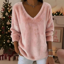 Load image into Gallery viewer, Women’s Plush V Neck Drop Shoulder Pullover Sweater
