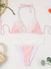 Load image into Gallery viewer, Riviera Glow Color Block Halter Bikini Set for Women – Deep V-Neck Lace Trim Two-Piece Flattering Swimsuit with Adjustable Tie Back &amp; High-Cut Bottoms – Ultra-Stretch Polyamide Swimwear for Confident Summer Style
